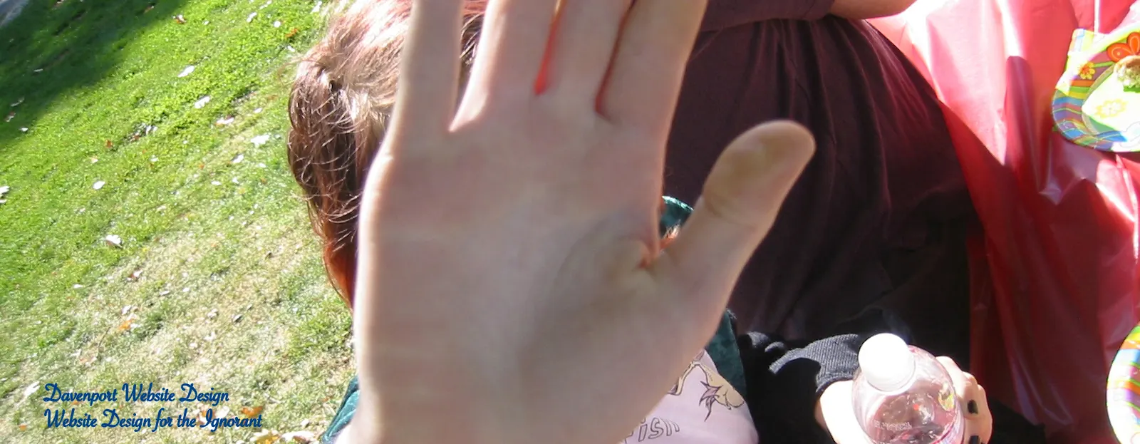 A hand in front of the camera at a picnic.